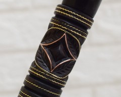 Hand Carved Ebony Wood Walking Cane: Egyptian Brass Copper Inlaid Stick 38 inch