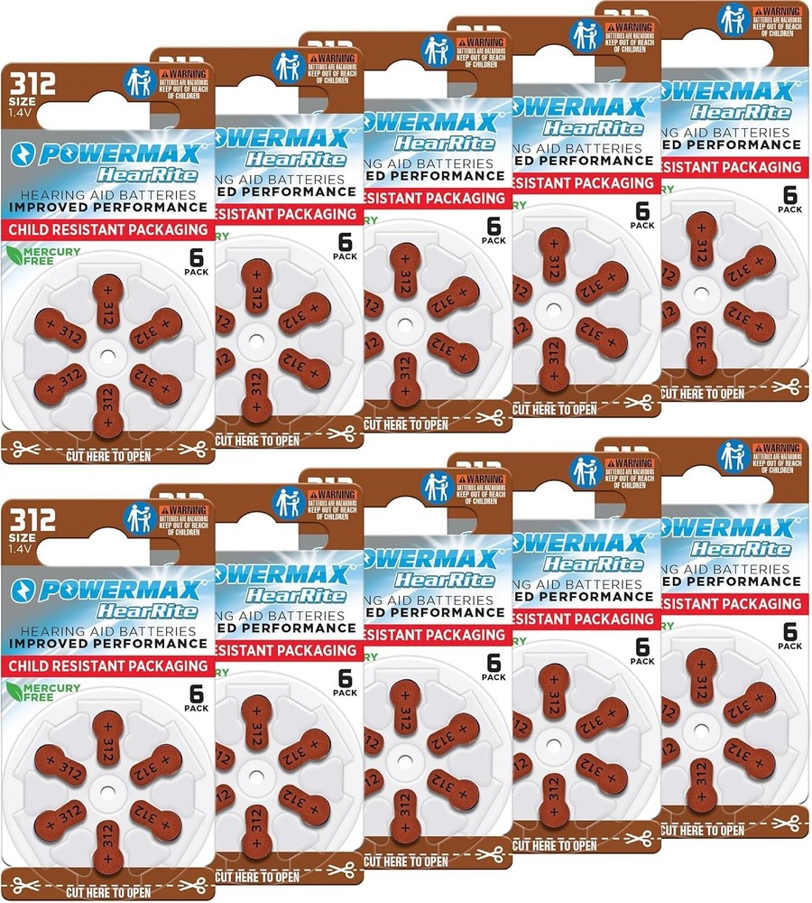 Pack of 60 Mercury-Free Size 312 Hearing Aid Batteries – Reliable & Eco-Friendly
