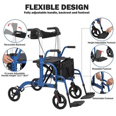 Ⓜ️Walker Wheelchair Combo Foldable Aluminum Rollator with Footrests for Seniors