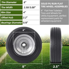 2-Pack 8-Inch Solid Wheel Replacement – Flat Free Tire with Alloy Steel Rim