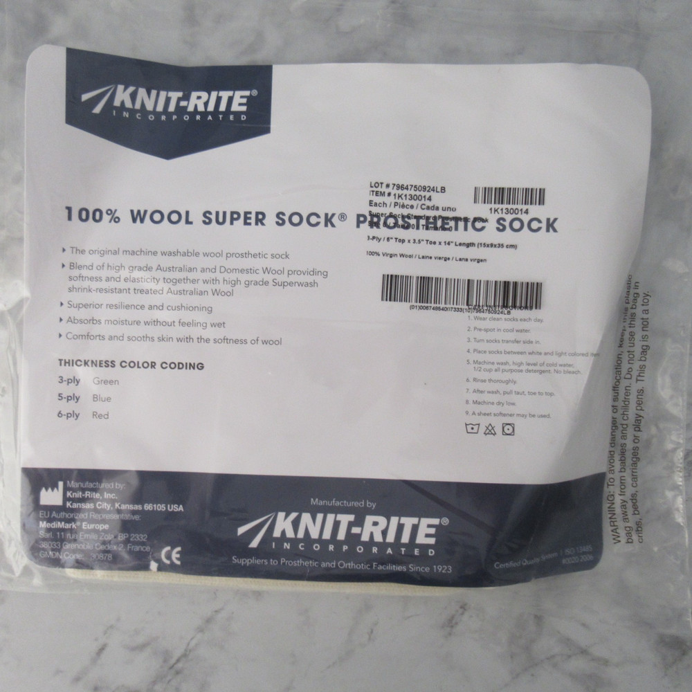 Knit Rite Prosthetic Super Sock 100% Wool 3 Ply 6″ Top 3.5″ Toe 14″ Length