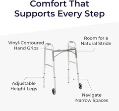 Drive Medical Two-Button Folding Walker w/ Wheels Desk Arms Dual Push 5in Silver