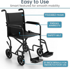 Vive Lightweight Folding Transport Wheelchair – Portable & Pre-Assembled
