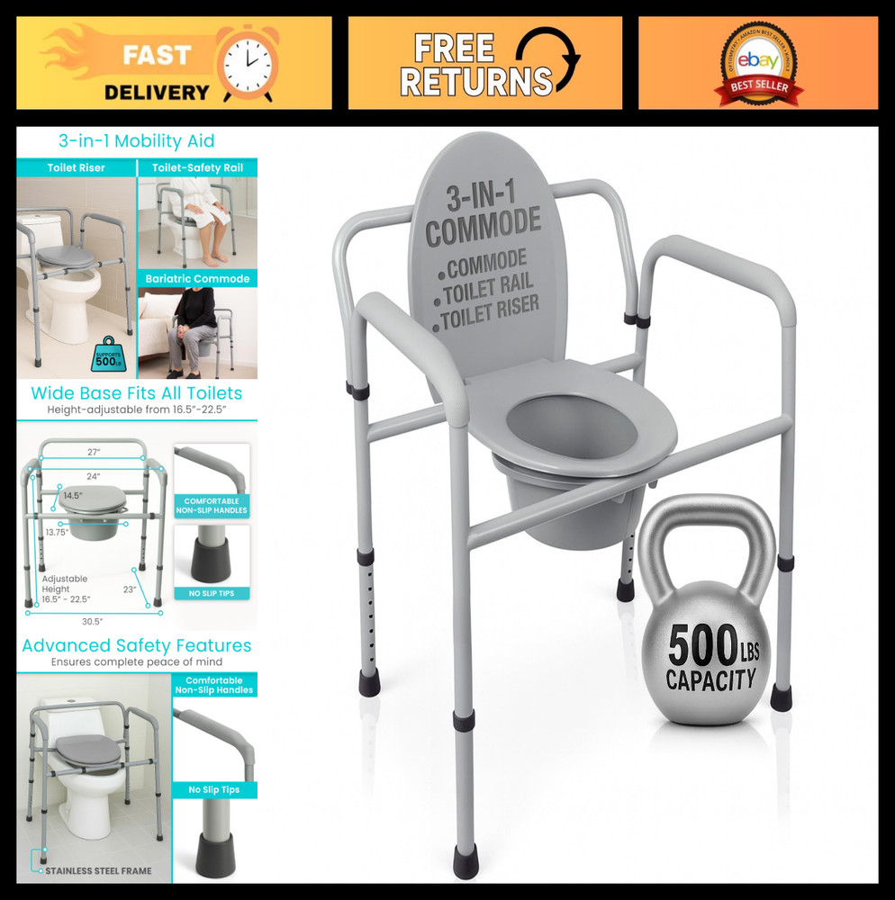 3-in-1 Bariatric Commode Chair – 500 lb Capacity, Portable Folding Toilet, Adjus
