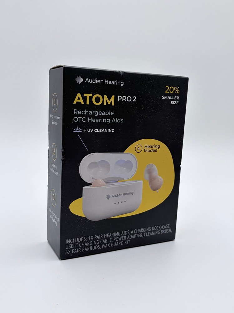 Audien ATOM PRO 2 Wireless Rechargeable Hearing Aids, OTC, Compact, 4 Modes