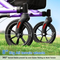 Rollator Walker w/Seat for Seniors 8in Wheels Supports up to 300lbs, Lightweight