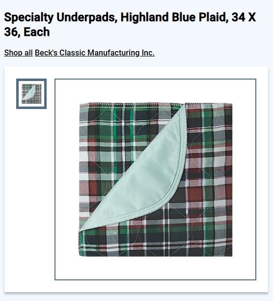 NEW! 34X36 INCH REUSABLE TWILL PRINT FACE UNDERPAD WITH BLUE NAP VINYL BARRIER