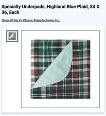 NEW! 34X36 INCH REUSABLE TWILL PRINT FACE UNDERPAD WITH BLUE NAP VINYL BARRIER