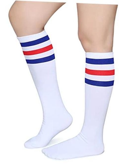 Triple Stripes Soft Cotton Knee High Tube Socks for One Size Blue/Red/White