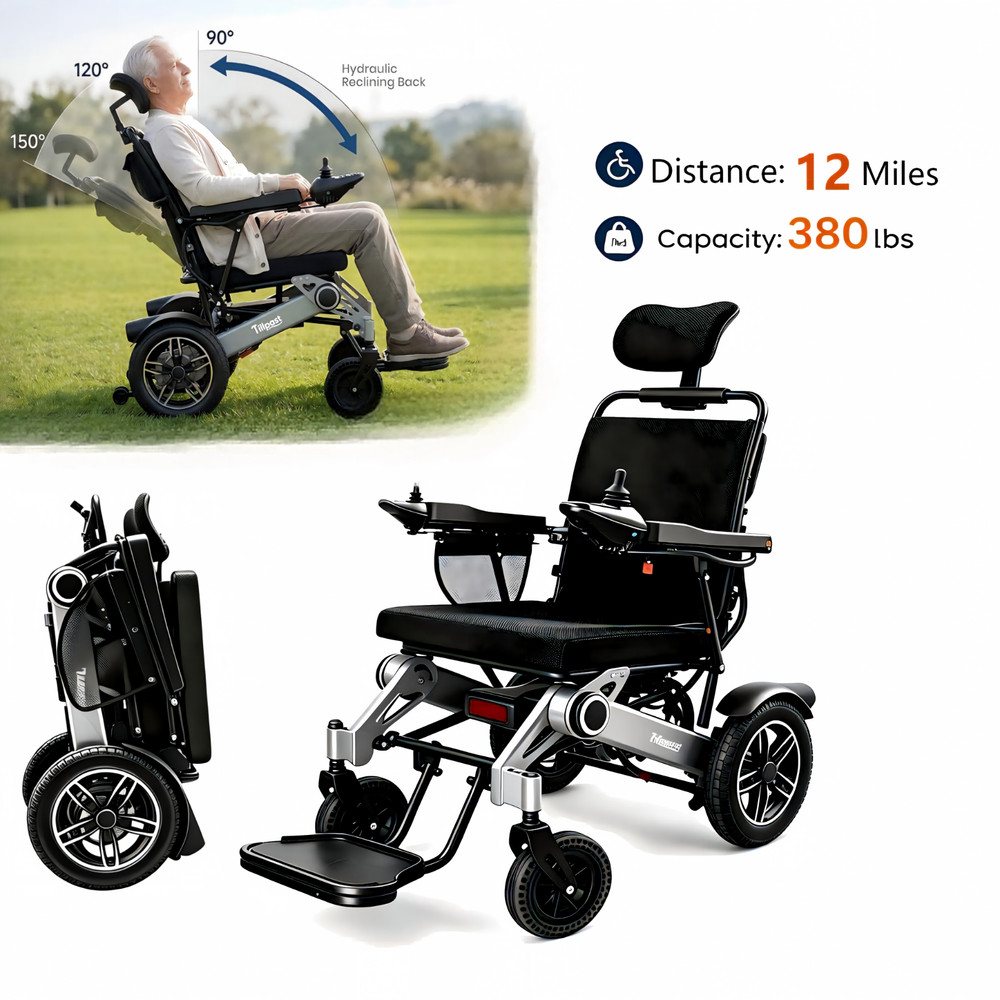 Folding Electric Wheelchairs 380lbs Reclining Motorized 15Miles Distance Adults