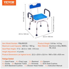VEVOR Shower Chair 360° Swivel Tub Shower Seat with Armrests & Backrest 400lbs