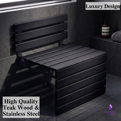 20″ Wide Large Black Teak Wood Folding Shower Seat Backrest Wall Mount Handmade
