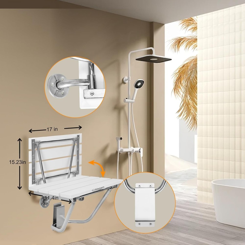Folding Shower Seat Wall Mounted, Teak Bench for Adults, Foldable Shower Chair
