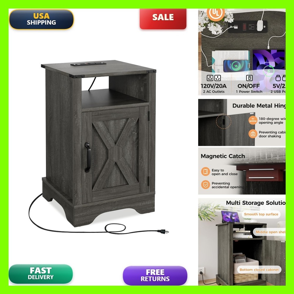 HEYNEMO Farmhouse Nightstand with Charging Station, Dark Grey, 1 Piece