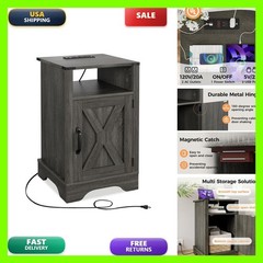 HEYNEMO Farmhouse Nightstand with Charging Station, Dark Grey, 1 Piece