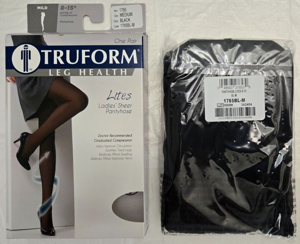Truform Lites Ladies Sheer Pantyhose Mild 8-15* mmHg Compression 1765 Medium BLK