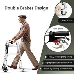 2-Button Folding Walker Height Adjustable Walking Aid with Seat 4 Wheels Brakes