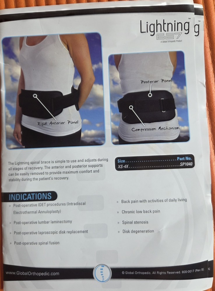 Lighting 627 Spinal Brace Size XS-4X from Global Orthopedic