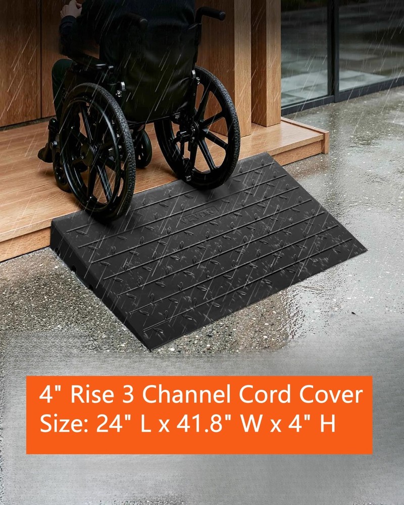 4″ Rise Rubber Threshold Ramp Doorway,3 Channels Cord Cover Solid Threshold Ramp