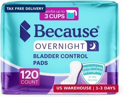 Because Overnight Incontinence Pads for Women – Moderate-to-Heavy Absorbency for