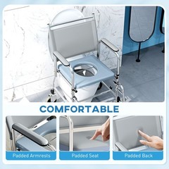 HOMCOM Rolling Shower Chair with Wheels, Bedside Commode Wheelchair with Padded