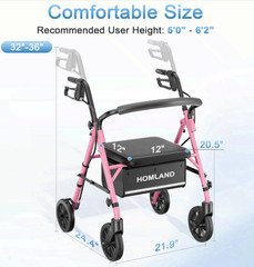 Walkers for Seniors with Seat, Pink Rollator, 16 lb, Adjustable, 22″ Wide