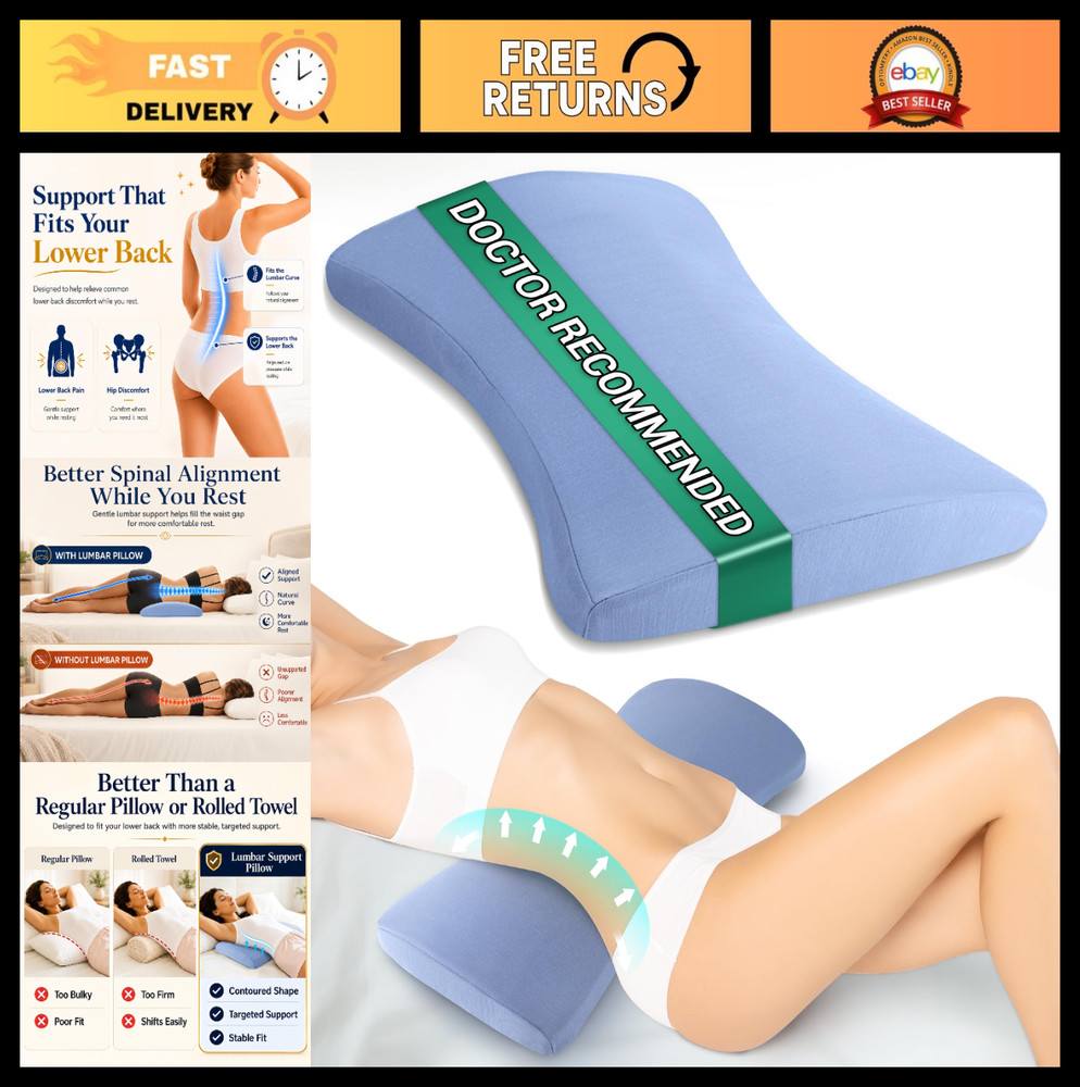 Lumbar Support Pillow for Back Pain Relief – Memory Foam Bed Pillow, Washable Co