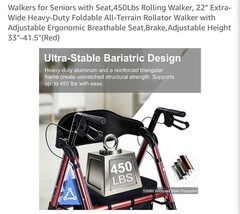 Heavy Duty Rollator Walker With Seat 450 Lb Capacity 12″ All Terrain Wheels RED