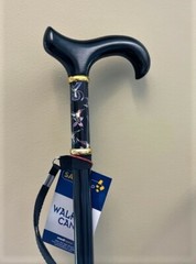 Ladies Derby Handle Black Hummingbird Floral Print Adjustable Walking Cane