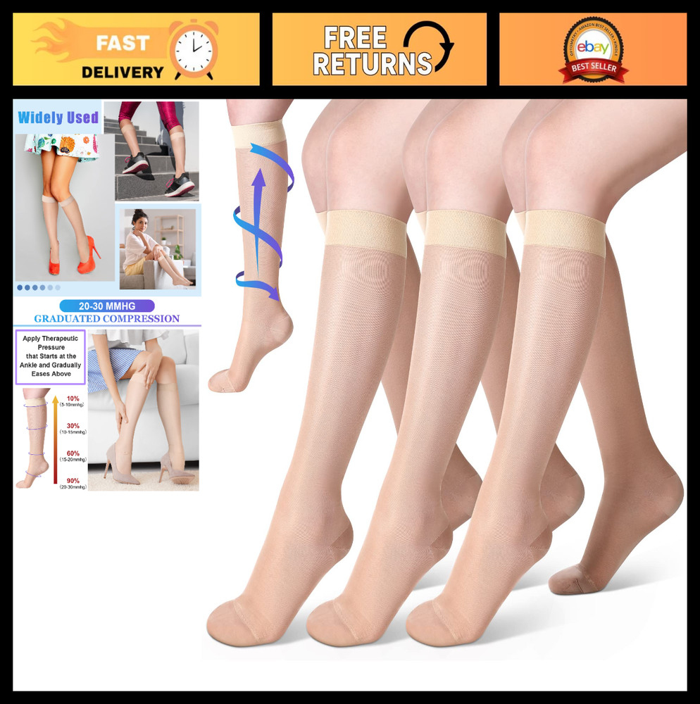 3 Pairs Sheer Knee High Compression Socks 20-30 mmHg Support Hose for Women