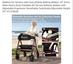 Heavy Duty Rollator Walker With Seat 450 Lb Capacity 12″ All Terrain Wheels RED