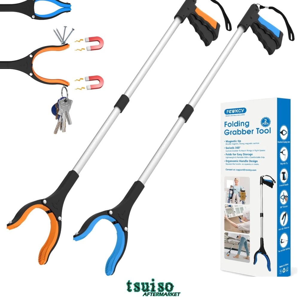 34″ Heavy-Duty Grabber Reacher Tool 2-Pack: Foldable with 360° Rotating Head