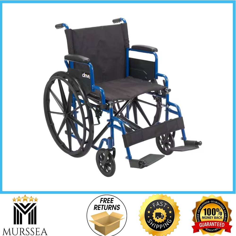 Drive Medical Wheelchair blue stripes with foldable desk arm + 20″ seat + footre