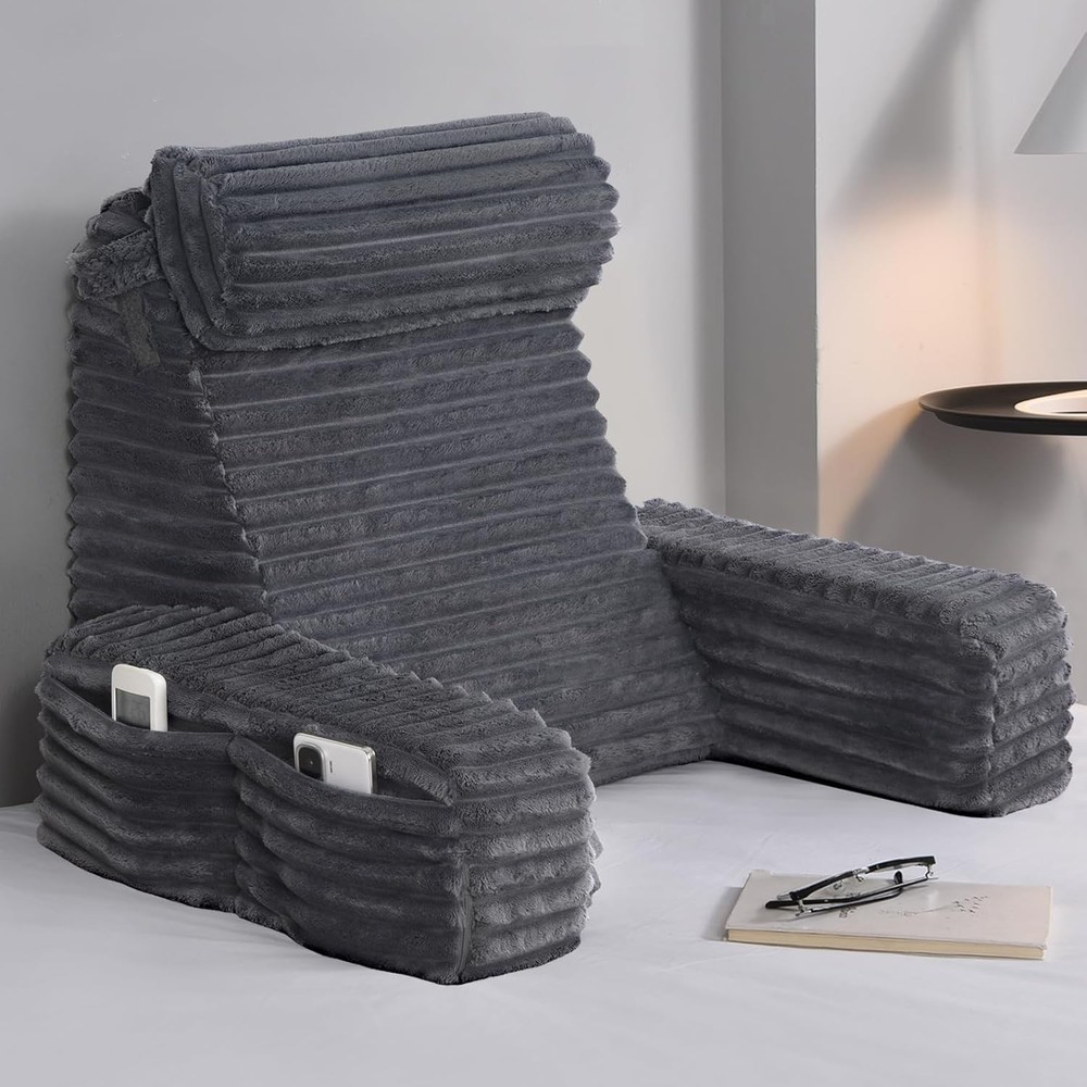 ENITYA 19” Back Pillow for Bed Sitting up, Built-in Armrests & Big Pockets, Back