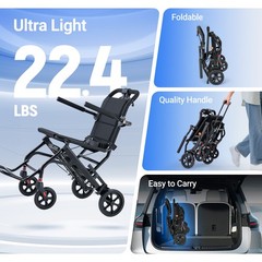 22lb Lightweight Foldable Transport Manual Wheelchair Hand Brake for Travel