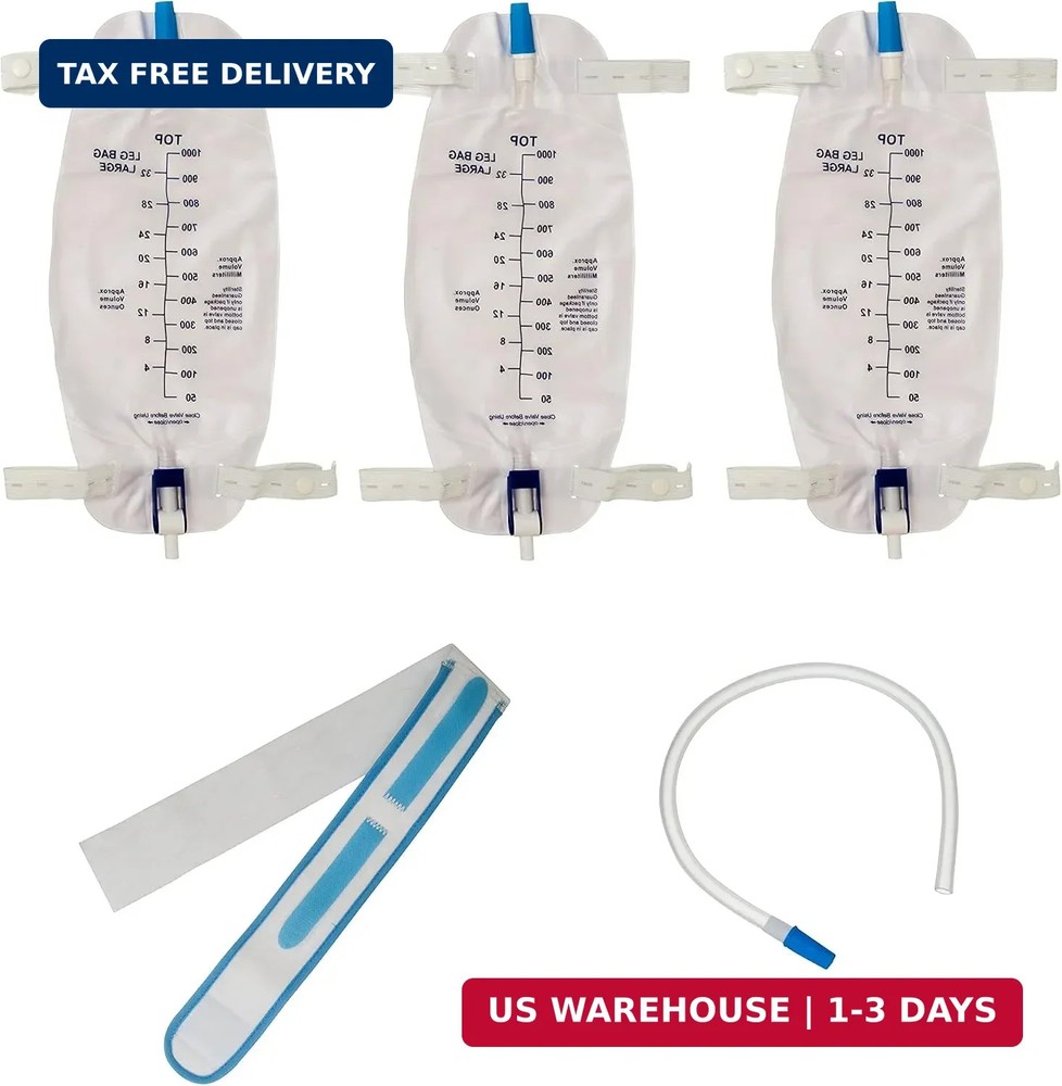 Leg Bag Urinary Drainage Bag 3-Pack, 1000ml – Includes 3×18″ Tubing, Anti-Reflux