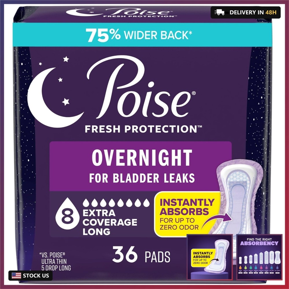 Poise Overnight Incontinence & Postpartum Pads for Bladder Leaks, 8 Drop Extra C