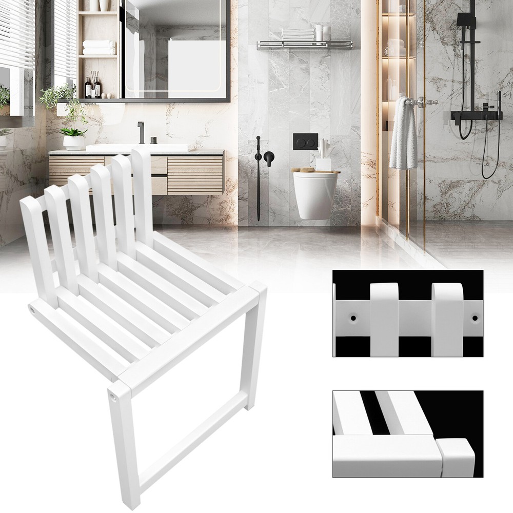 Wall Mount Wood Folding Chair Hidden Footstool Entryway Seat Bench Bathroom
