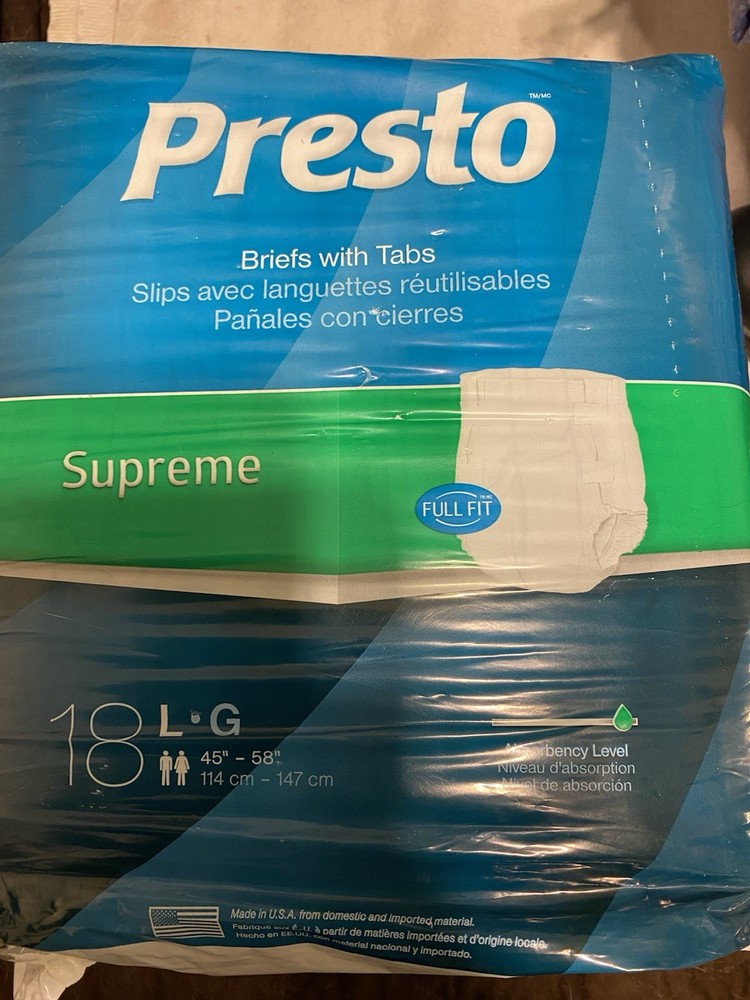 Presto Supreme Briefs w/ Tabs, Disposable, Size L-G, Blue/Green, 18 ct