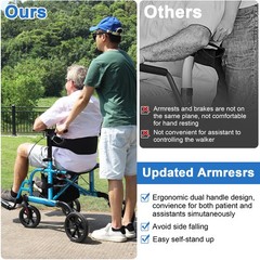 2-in-1 Rollator Walker & Transport Chair for Seniors with Seat, 10″ Wheels Blue