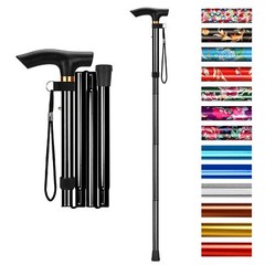 Adjustable Height Folding Cane Lightweight Portable with Wrist Strap Black