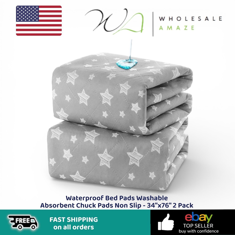 Waterproof Bed Pads Washable Absorbent Chuck Pads Non Slip – 34″x76″ 2 Pack