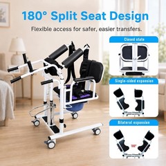 Patient Lift Transfer Chair with 180° Split Seat & 4 Casters for Seniors Disable