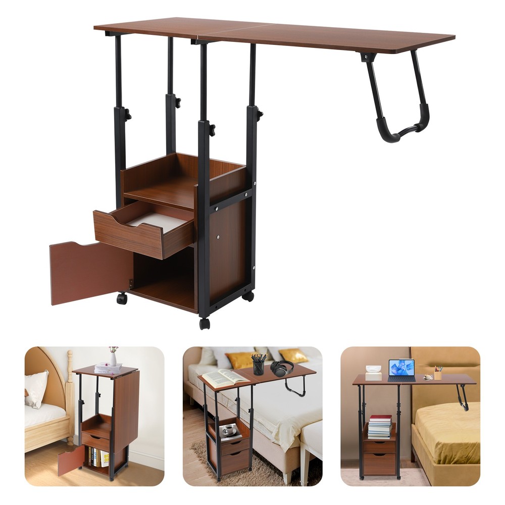 Overbed Table w/ Wheels, Movable Bedside Table, Height Adjustable Over Bed Desk