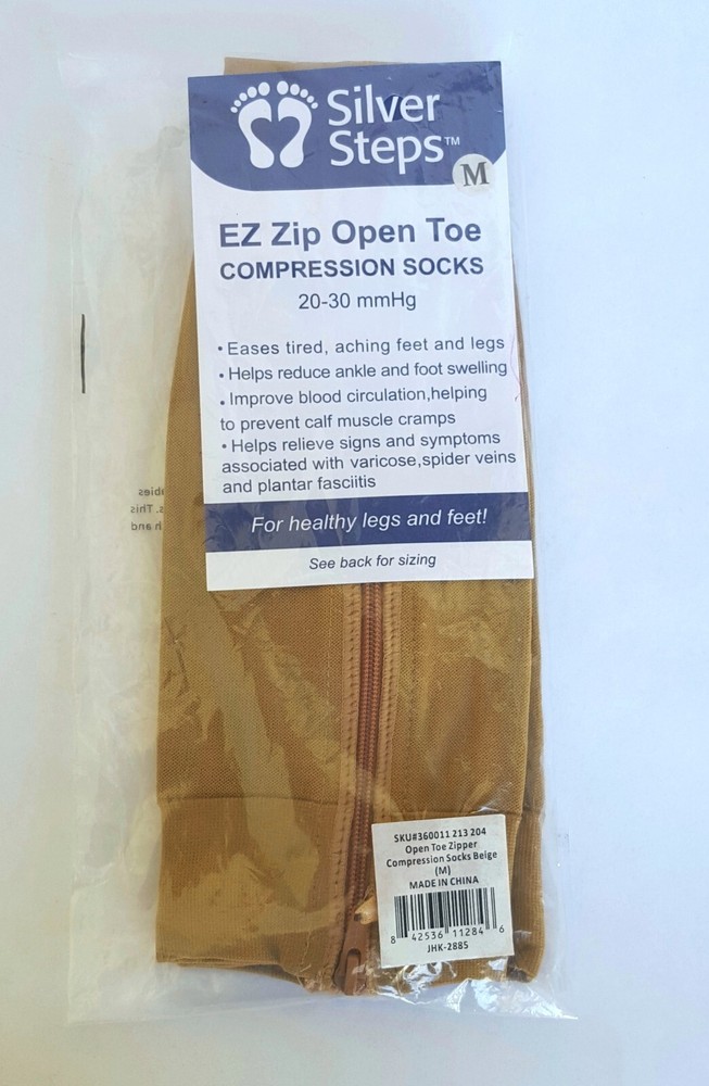 Silver Steps EZ Zip Zipper Open Toe Compression Socks 20-30 mmHg Medium Beige