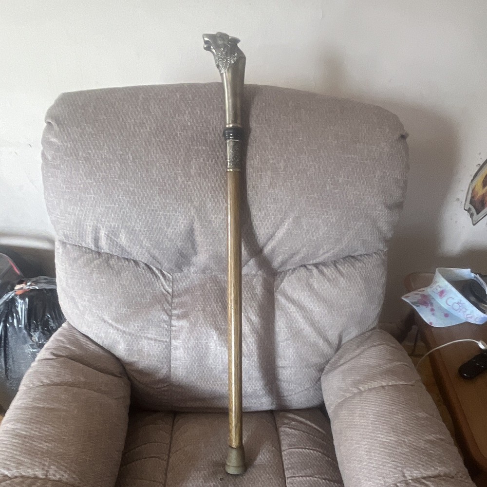 Walking Cane Wood Shaft Metal Wolf Head Decorative Handle Brown Silver