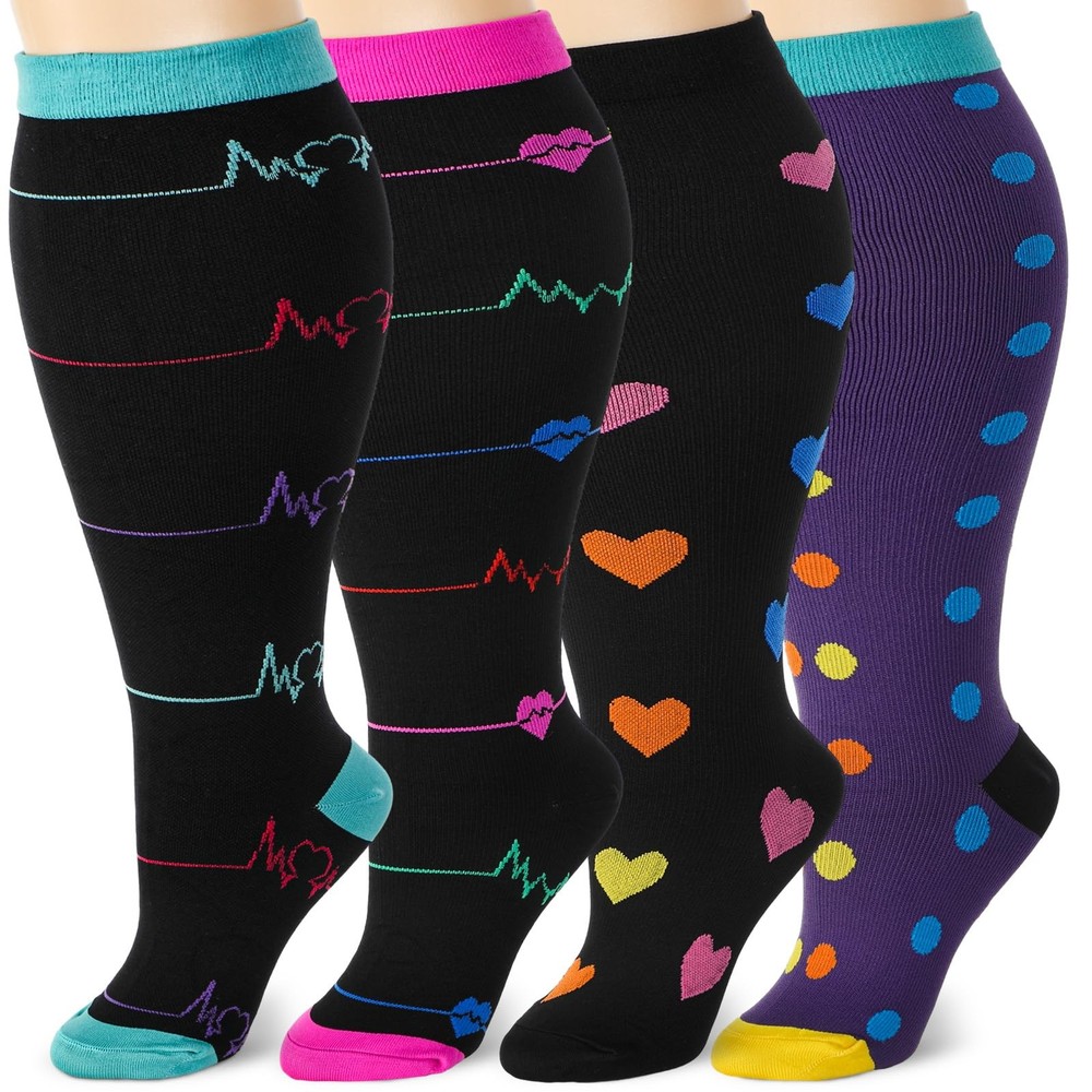 4 Pairs Plus Size Compression Socks Wide Calf for Women 20-30 Mmhg Knee High …
