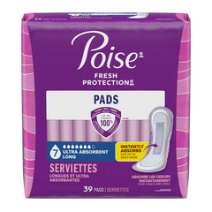 Poise Incontinence & Postpartum Pads, 7 Drop Ultra Absorbent Long Length, 39 Ct