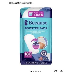 Because Overnight Extra Absorbency Booster Pads 4 Cups 16x7x5.5in 180 Count