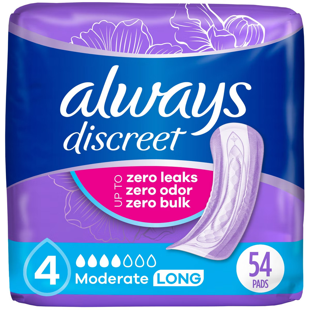 108 Count (2 Packs Of 54) Always Discreet, Long Length Incontinence & Postpartum